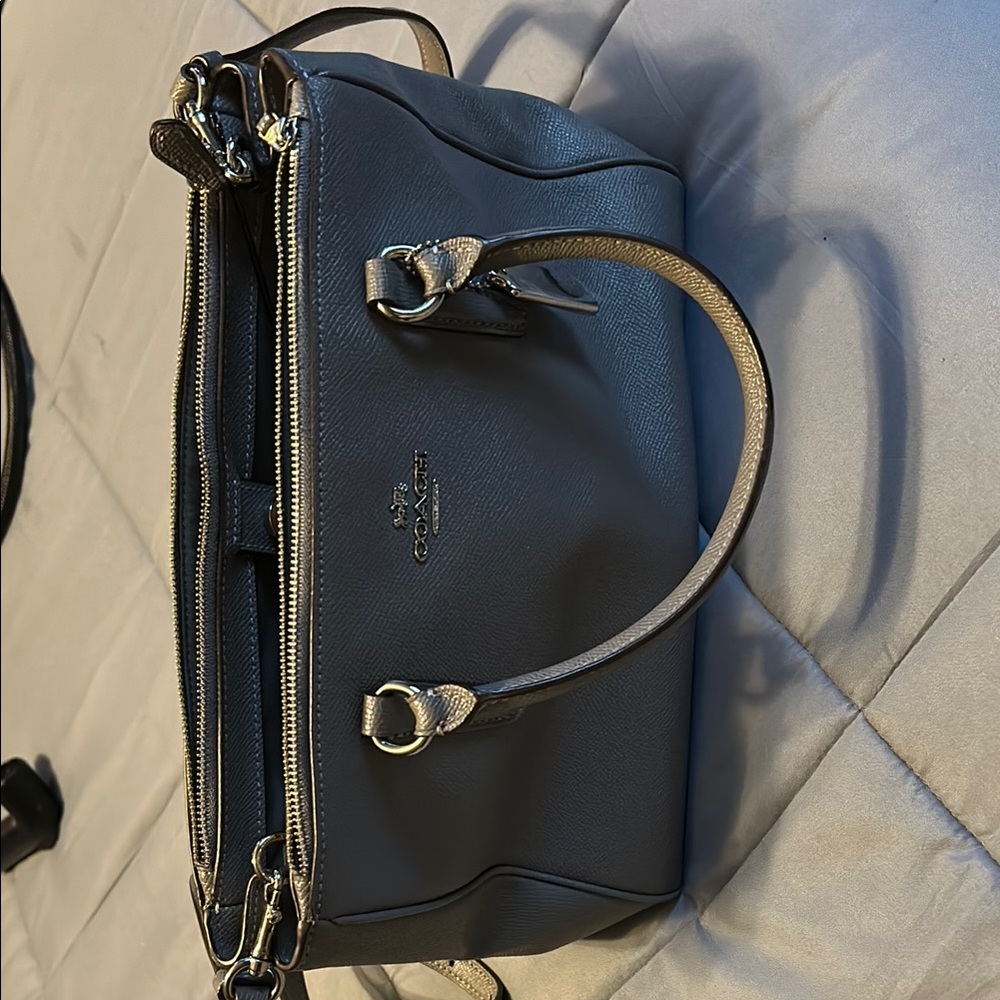 Coach Grey Leather Satchel with Double Handles and Metal Accents